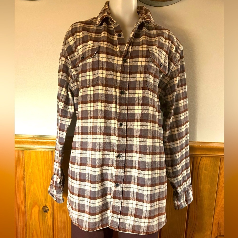 Large Tall JACHS flannel shirt, brown, grey, and cream, button down, warm, cozy